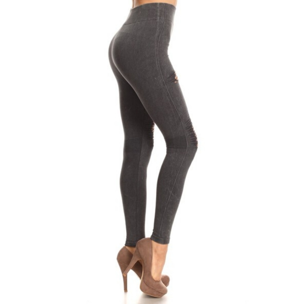 Lady's Distressed Vintage Washed Leggings Charcoal - Picture 2 of 5